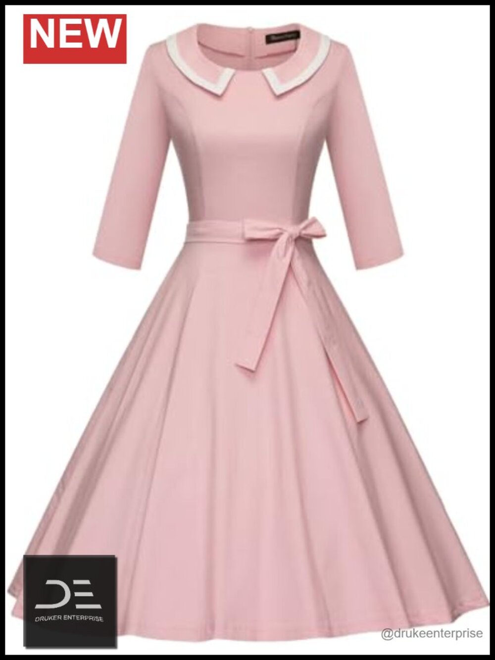 GownTown 1950s Vintage Swing Dress Short Sleeve Pleated Zipper